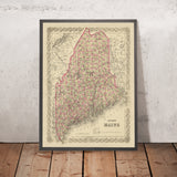 Alte Karte von Maine von J.H. Colton, 1855: Portland, Bangor, Augusta, Lewiston und Bath 