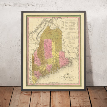 Ancienne carte du Maine par HS Tanner, 1840 : Portland, Augusta, Bangor et le mont Katahdin