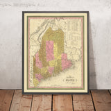 Old Map of Maine by HS Tanner, 1840: Portland, Augusta, Bangor, and Mount Katahdin