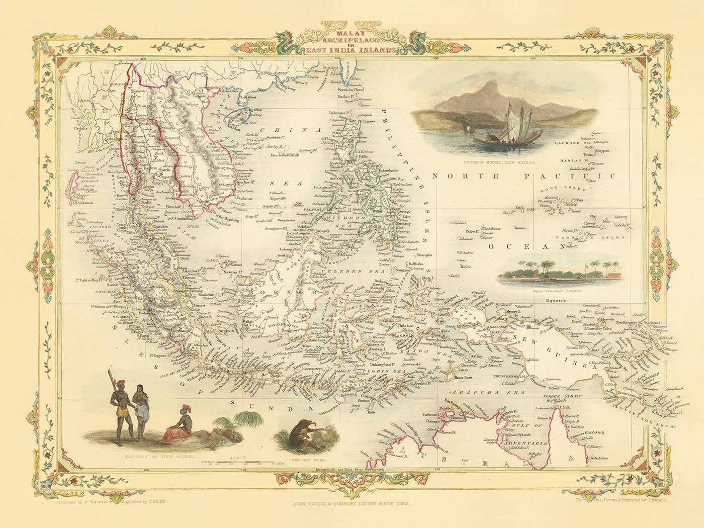 Alte Karte des Malaiischen Archipels von Tallis & Rapkin, 1851: Borneo, Java, Sumatra, Philippinen, Neuguinea 