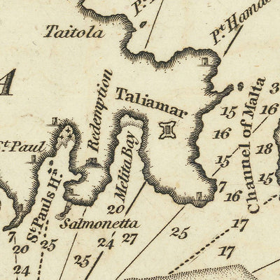 Carte marine du vieux Malte et de Gozo par Heather, 1802 : littoraux détaillés, sondages, rose des vents