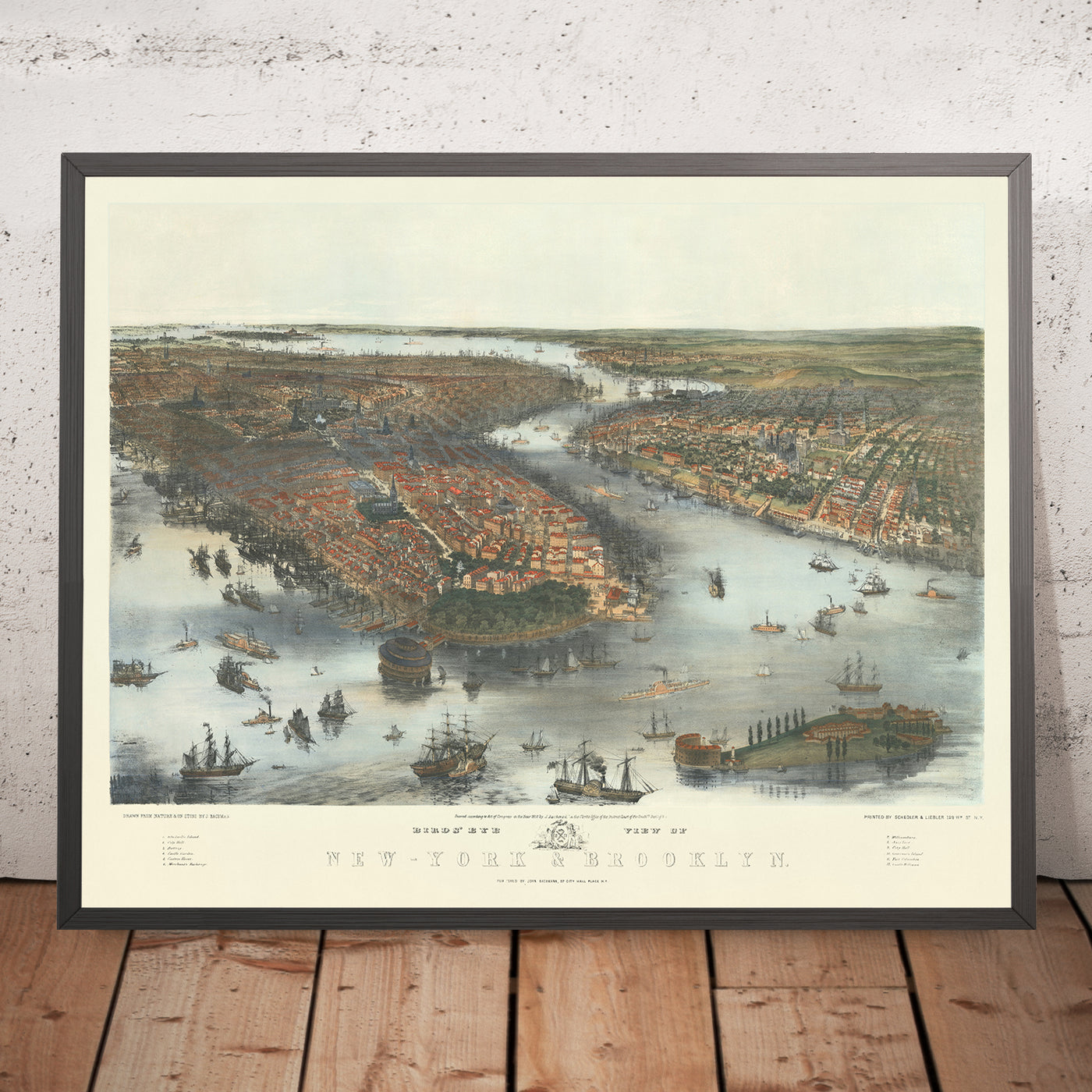 Old Birdseye Map of New York & Brooklyn by Bachmann, 1851: Central Park, The Battery, Brooklyn, East River, Hudson River