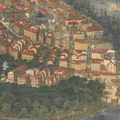 Old Birdseye Map of New York & Brooklyn by Bachmann, 1851: Central Park, The Battery, Brooklyn, East River, Hudson River