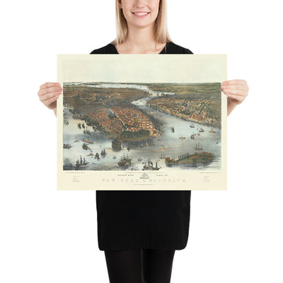 Old Birdseye Map of New York & Brooklyn by Bachmann, 1851: Central Park, The Battery, Brooklyn, East River, Hudson River