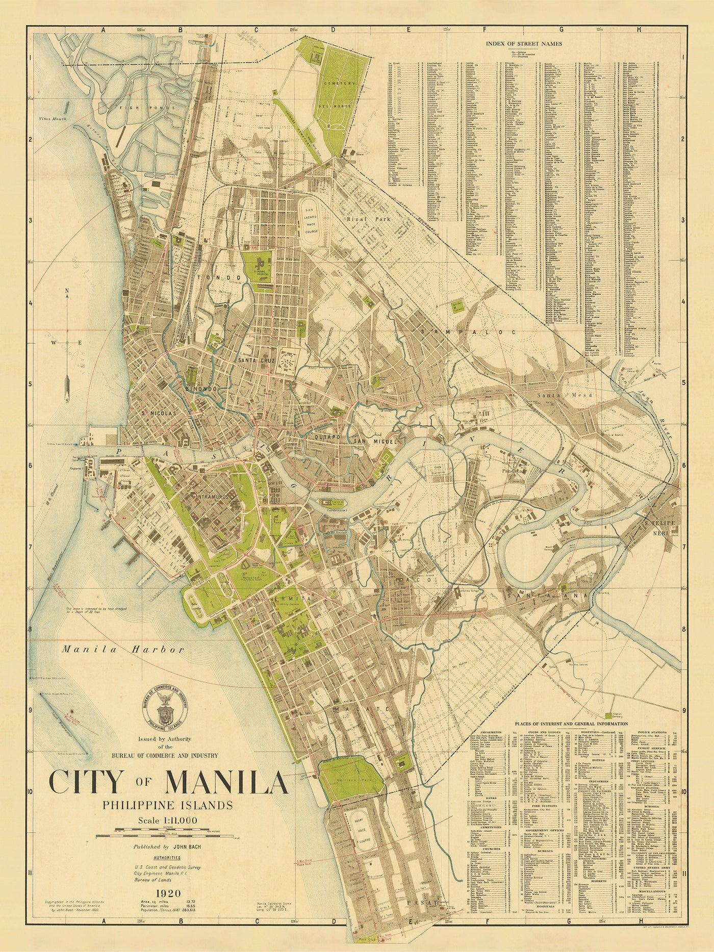 Old Map of Manila, Philippines by John Bach, 1920: Intramuros, Ermita, Malate, Quiapo, River Pasig, Tondo