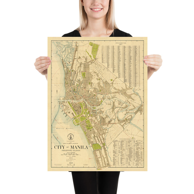 Old Map of Manila, Philippines by John Bach, 1920: Intramuros, Ermita, Malate, Quiapo, River Pasig, Tondo