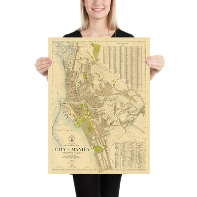 Old Map of Manila, Philippines by John Bach, 1920: Intramuros, Ermita, Malate, Quiapo, River Pasig, Tondo