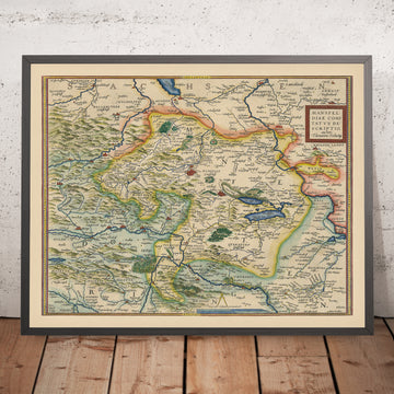 Antica mappa del distretto di Mansfeld, Germania di Ortelius, 1575: Mansfeld-Südharz, Halle, fiume Salsa, fiume Helm 