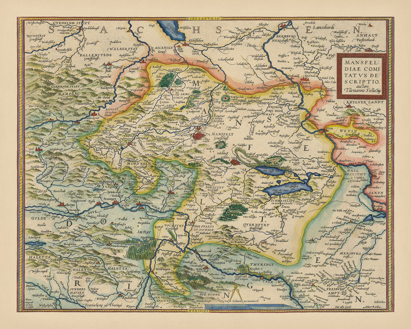 Old Map of Mansfeld District, Germany by Ortelius, 1575: Mansfeld-Südharz, Halle, Salsa River, Helm River