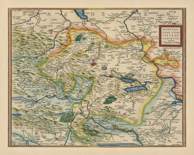 Old Map of Mansfeld District, Germany by Ortelius, 1575: Mansfeld-Südharz, Halle, Salsa River, Helm River