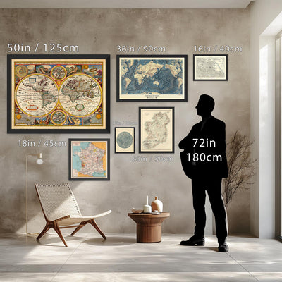 Different sizes of map wall art, on a wall, with a silhouetted man looking at the different sizes of map. Used to show relative sizes of maps.