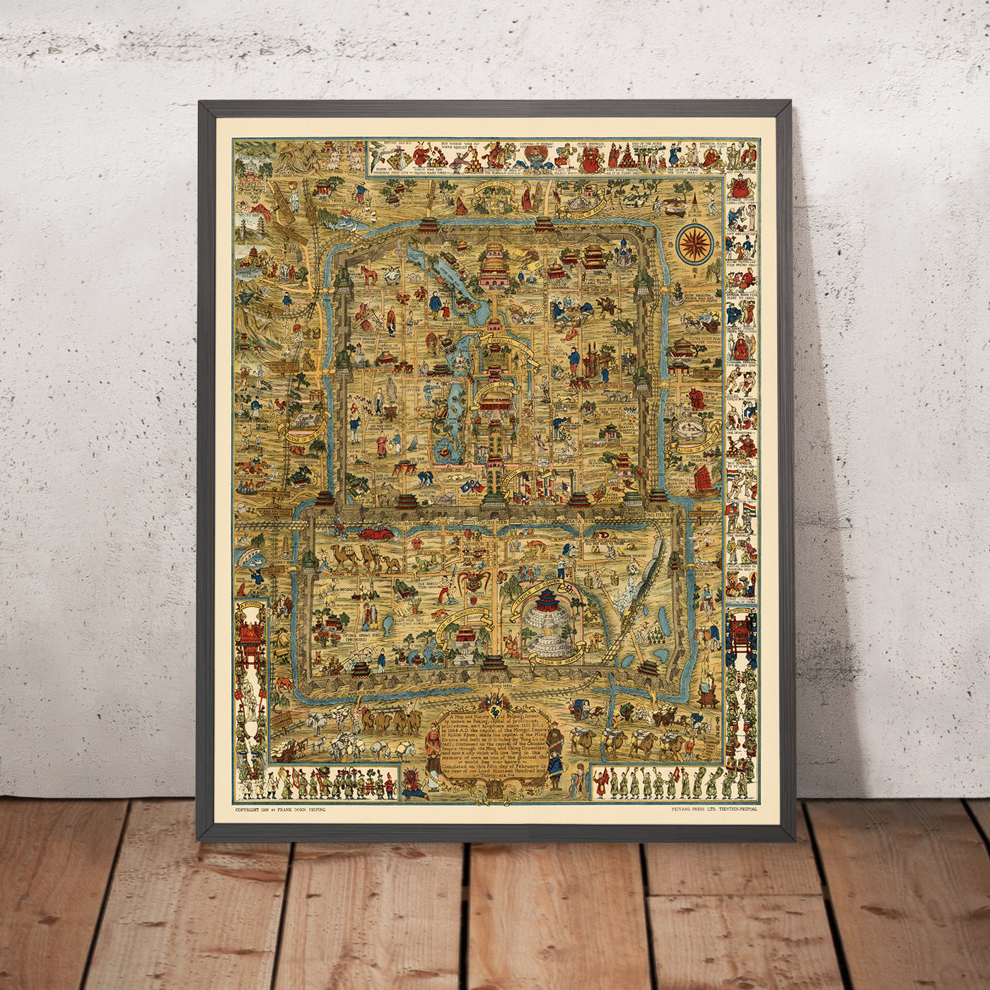 Alter pictorialer Stadtplan von Peking von Dorn, 1936: Verbotene Stadt, Himmelstempel, Sommerpalast, Ming-Gräber, Chinesische Mauer 