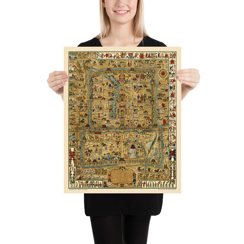 Alter pictorialer Stadtplan von Peking von Dorn, 1936: Verbotene Stadt, Himmelstempel, Sommerpalast, Ming-Gräber, Chinesische Mauer 