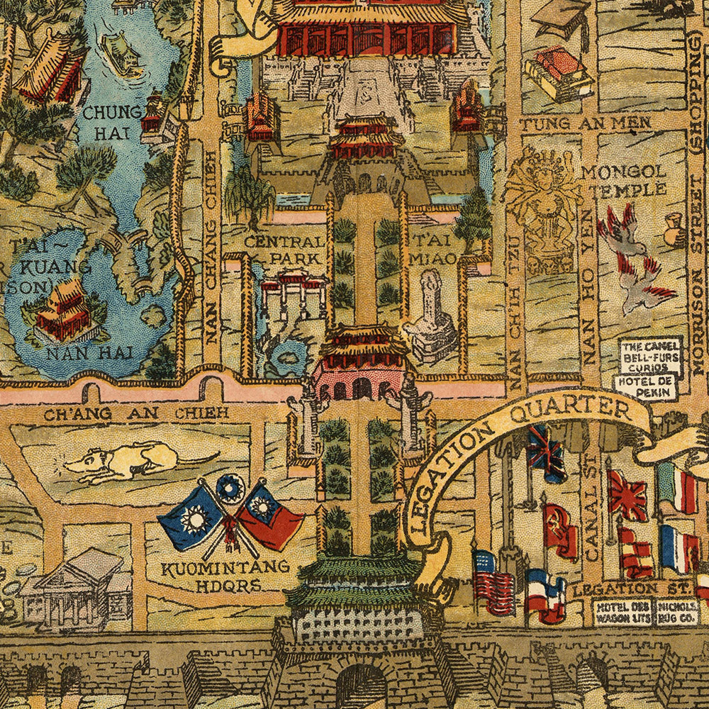 Alter pictorialer Stadtplan von Peking von Dorn, 1936: Verbotene Stadt, Himmelstempel, Sommerpalast, Ming-Gräber, Chinesische Mauer 