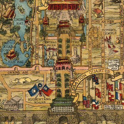 Alter pictorialer Stadtplan von Peking von Dorn, 1936: Verbotene Stadt, Himmelstempel, Sommerpalast, Ming-Gräber, Chinesische Mauer 