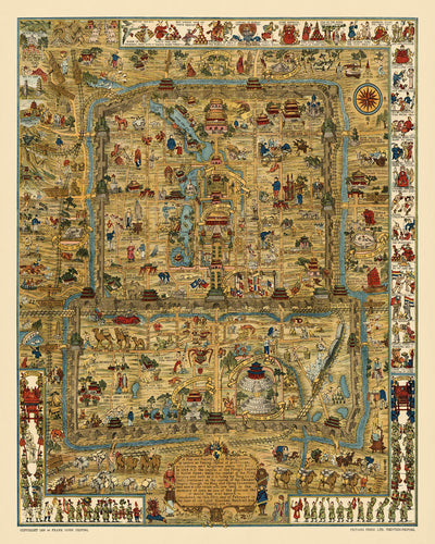 Alter pictorialer Stadtplan von Peking von Dorn, 1936: Verbotene Stadt, Himmelstempel, Sommerpalast, Ming-Gräber, Chinesische Mauer 