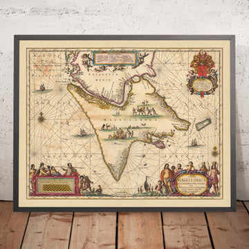 Old Map of the Magellan Strait by Visscher, 1690: Tierra del Fuego, Patagonia, Magallanes and Chilean Antarctica, Rio Gallegos, Riesco