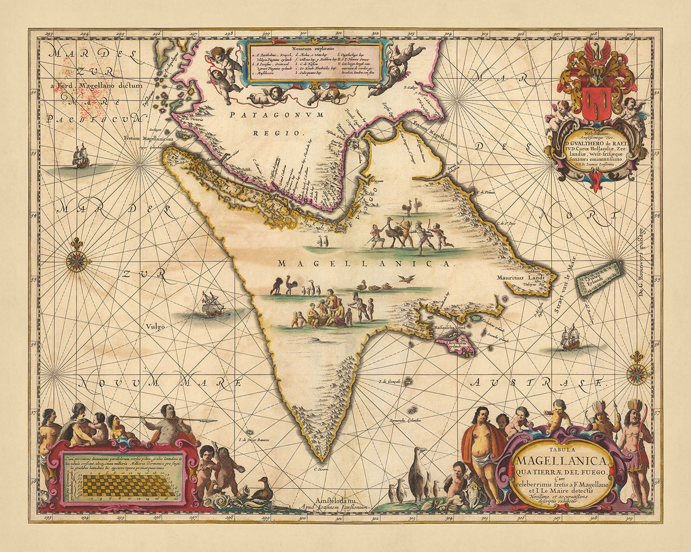 Antigua mapa del Estrecho de Magallanes por Visscher, 1690: Tierra del Fuego, Patagonia, Magallanes y Antártida Chilena, Río Gallegos, Riesco 
