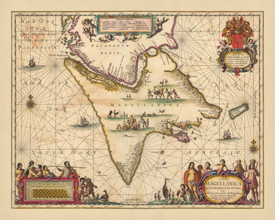 Antigua mapa del Estrecho de Magallanes por Visscher, 1690: Tierra del Fuego, Patagonia, Magallanes y Antártida Chilena, Río Gallegos, Riesco 
