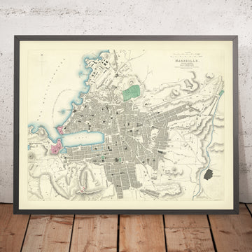 Mappa antica di Marsiglia, 1870: Vieux-Port, Fort Saint-Jean, Fort Saint-Nicolas, Palais Longchamp, Parc Borély 