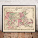Mapa antiguo de Massachusetts por JH Colton, 1855: Boston, Worcester, Springfield, Lowell y New Bedford