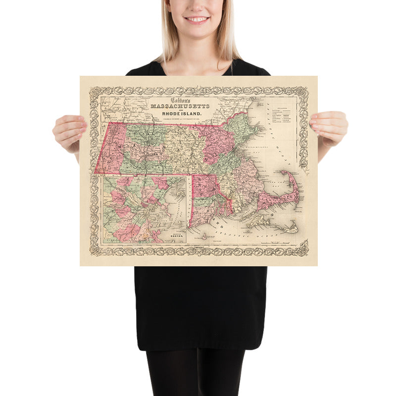 Ancienne carte du Massachusetts par JH Colton, 1855 : Boston, Worcester, Springfield, Lowell et New Bedford