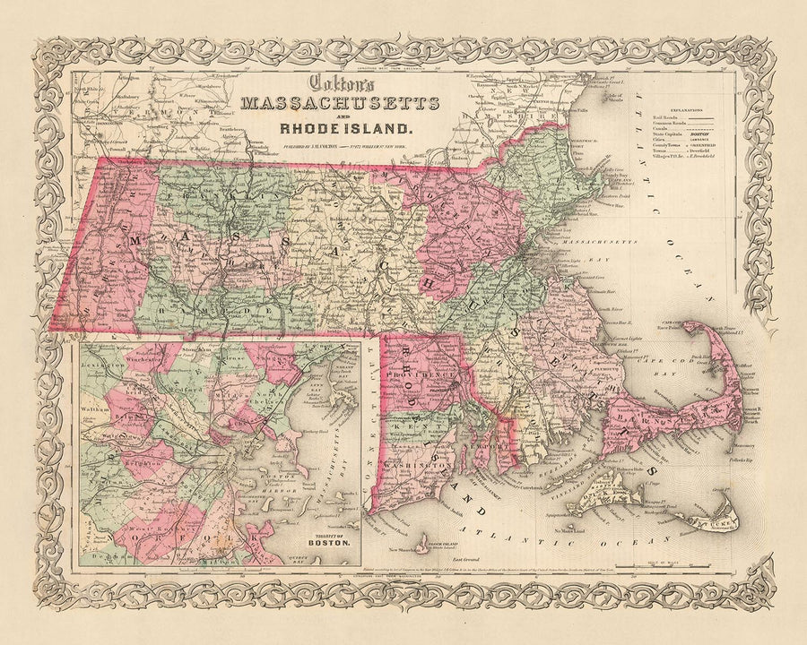 Vecchia mappa del Massachusetts di J.H. Colton, 1855: Boston, Worcester, Springfield, Lowell e New Bedford 