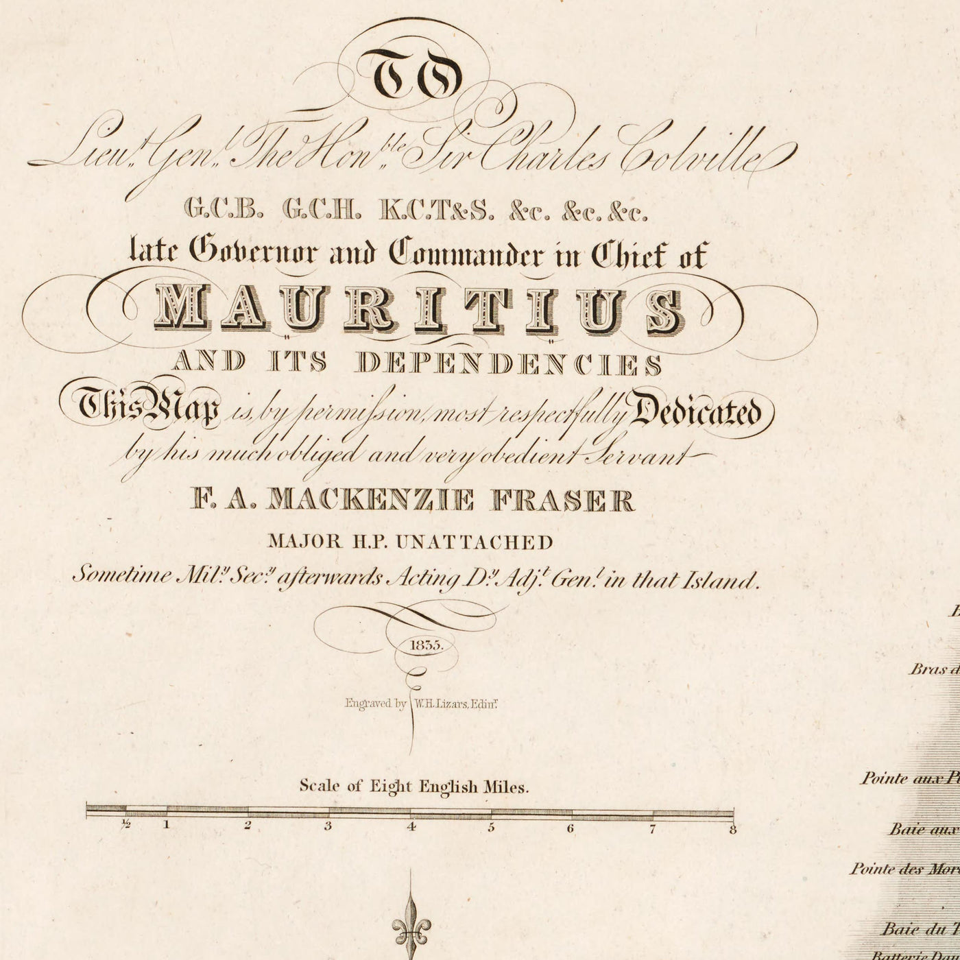 Antigua mapa raro de Mauricio por Fraser, 1835: Puerto Luis, Mahébourg, montañas 