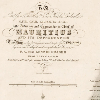 Antigua mapa raro de Mauricio por Fraser, 1835: Puerto Luis, Mahébourg, montañas 