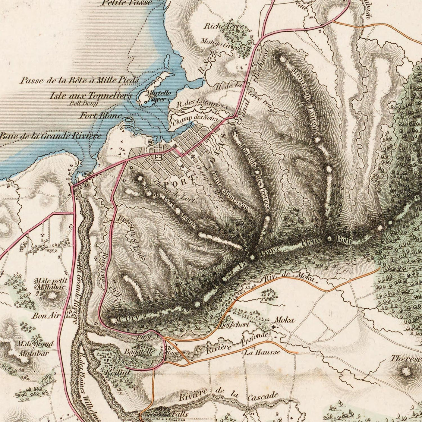 Antigua mapa raro de Mauricio por Fraser, 1835: Puerto Luis, Mahébourg, montañas 
