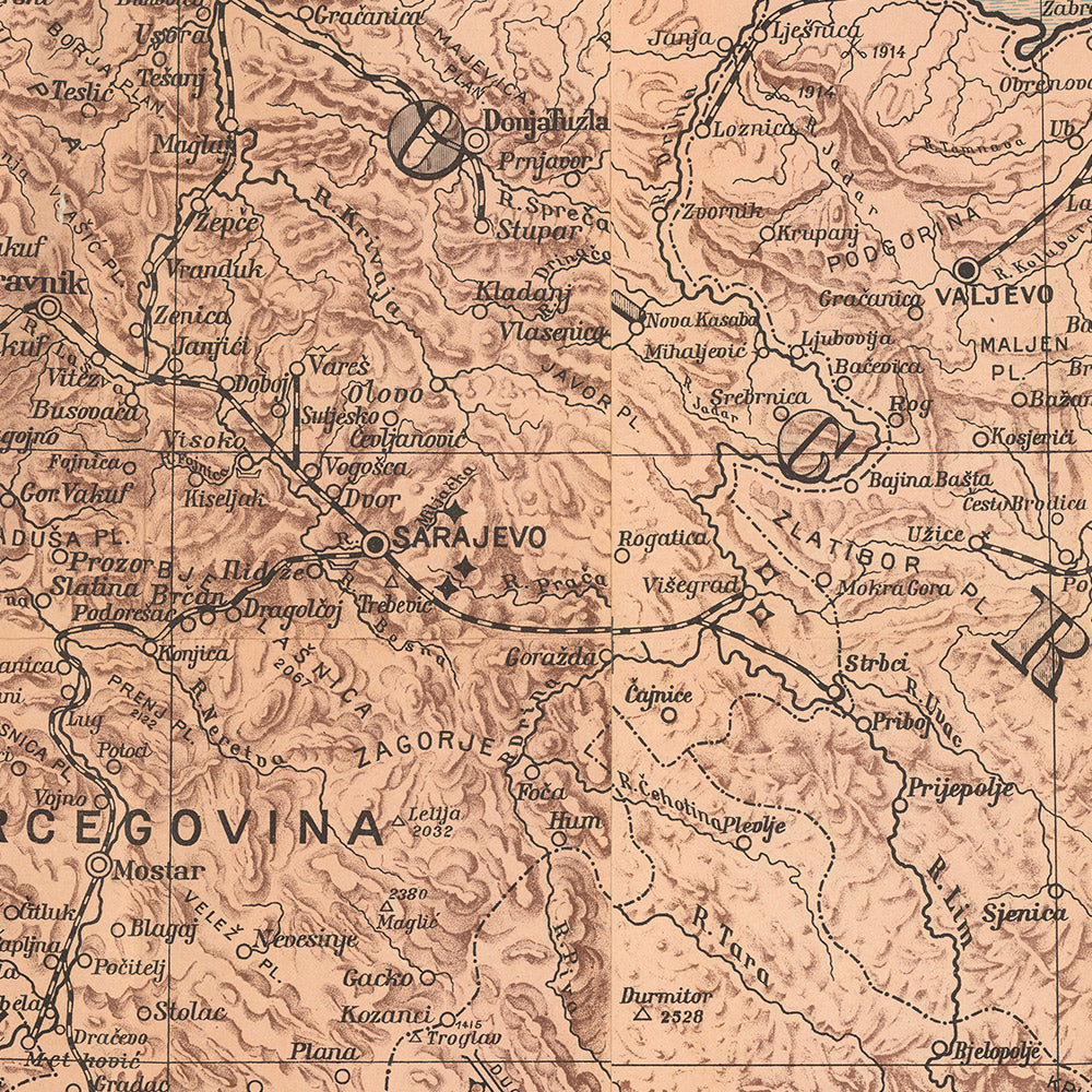 Gran mapa antiguo de Yugoslavia por Kolin, 1917: Serbia, Croacia, Montenegro, Eslovenia, Bosnia 