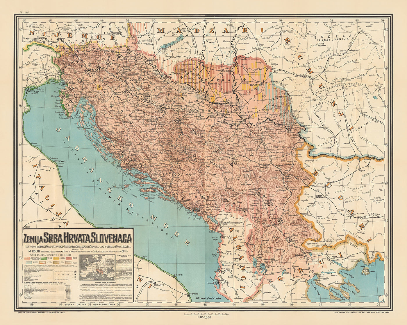 Gran mapa antiguo de Yugoslavia por Kolin, 1917: Serbia, Croacia, Montenegro, Eslovenia, Bosnia 