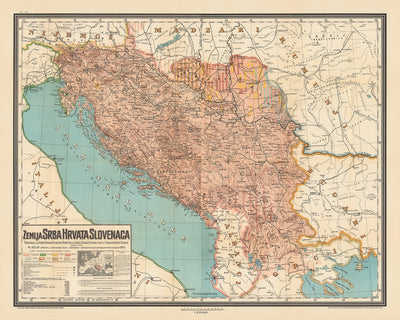 Gran mapa antiguo de Yugoslavia por Kolin, 1917: Serbia, Croacia, Montenegro, Eslovenia, Bosnia 