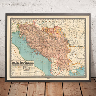Gran mapa antiguo de Yugoslavia por Kolin, 1917: Serbia, Croacia, Montenegro, Eslovenia, Bosnia 
