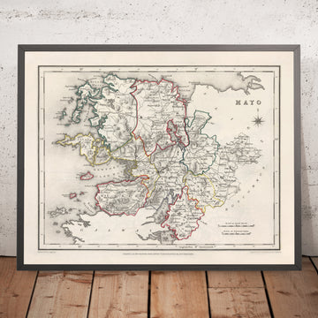Mapa antiguo del condado de Mayo por Samuel Lewis, 1844: Westport, Ballina, Castlebar, Isla Achill, Clew Bay