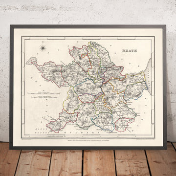 Mappa antica della Contea di Meath di Samuel Lewis, 1844: Navan, Trim, Kells, Athboy, Collina di Tara 