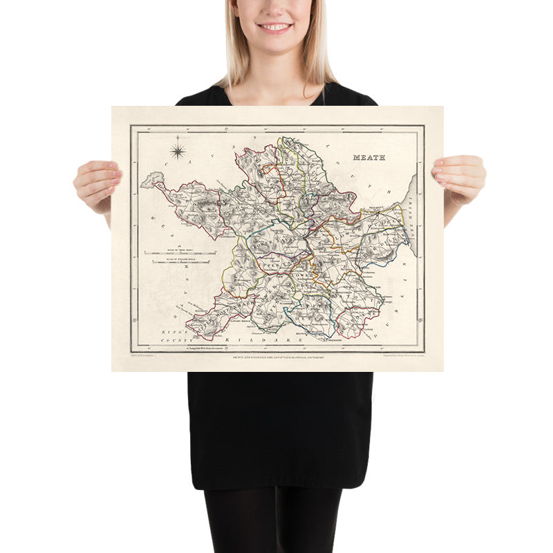 Mappa antica della Contea di Meath di Samuel Lewis, 1844: Navan, Trim, Kells, Athboy, Collina di Tara 