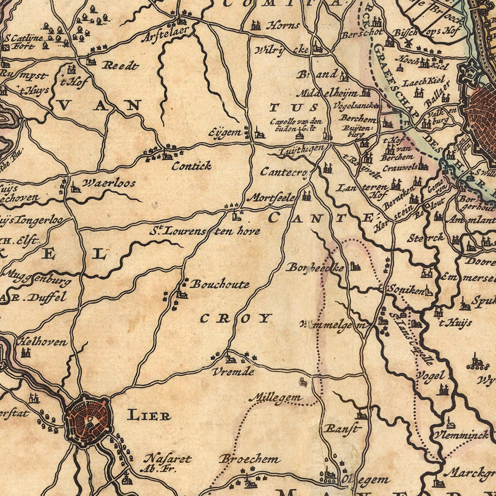 Mapa antiguo de Malinas y Ducado de Aarschot por Visscher, 1690: Amberes, Bruselas, Lovaina, Malinas, Sint-Niklaas