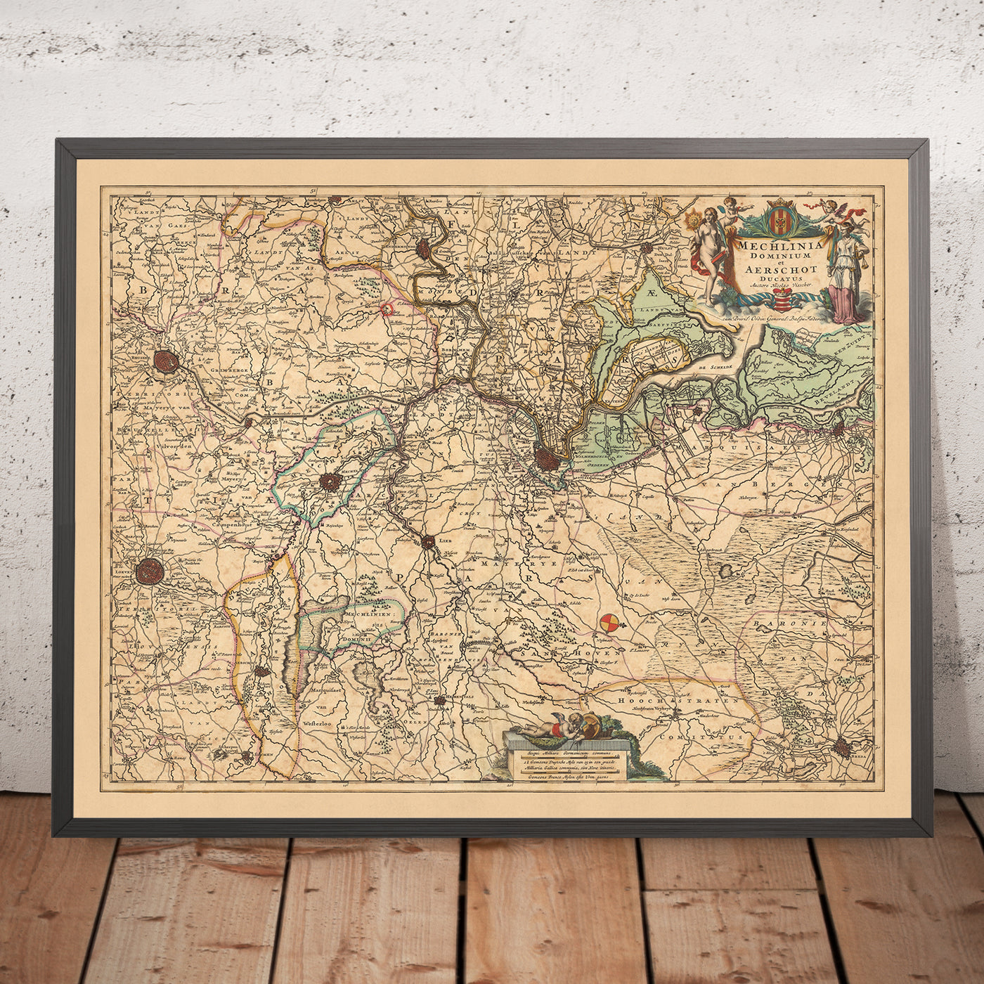 Mapa antiguo de Malinas y Ducado de Aarschot por Visscher, 1690: Amberes, Bruselas, Lovaina, Malinas, Sint-Niklaas