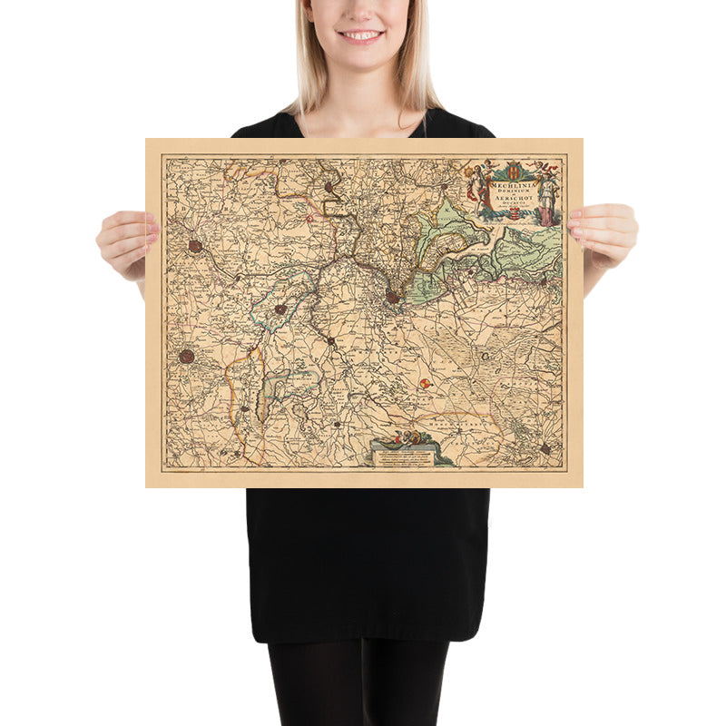 Mapa antiguo de Malinas y Ducado de Aarschot por Visscher, 1690: Amberes, Bruselas, Lovaina, Malinas, Sint-Niklaas