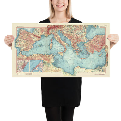 Old World Map of the Mediterranean Sea & Countries, 1967: From Gibraltar to Israel