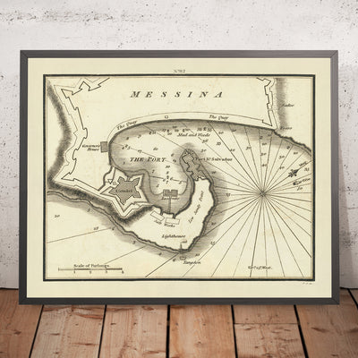 Ancien Messine, Sicile Carte Nautique par Heather, 1802 : Citadelle, Fort St. Salvador, Salines 
