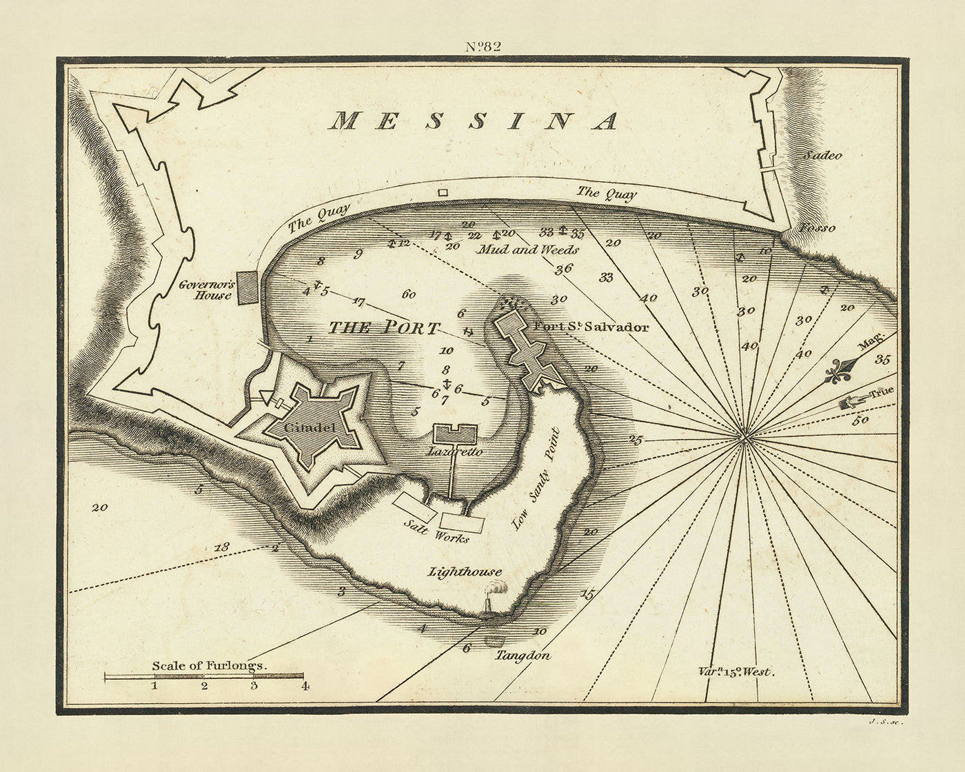 Ancien Messine, Sicile Carte Nautique par Heather, 1802 : Citadelle, Fort St. Salvador, Salines 