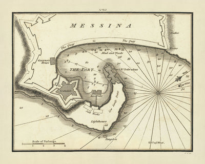Ancien Messine, Sicile Carte Nautique par Heather, 1802 : Citadelle, Fort St. Salvador, Salines 
