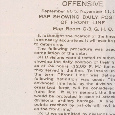 Ancienne carte militaire de l'offensive Meuse-Argonne de la Première Guerre mondiale par Pershing, 1918 : Verdun, Montfaucon, Sedan, Romagne, Cunel 