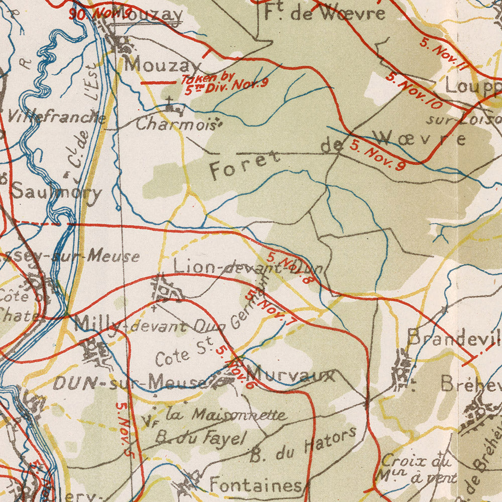 Ancienne carte militaire de l'offensive Meuse-Argonne de la Première Guerre mondiale par Pershing, 1918 : Verdun, Montfaucon, Sedan, Romagne, Cunel 