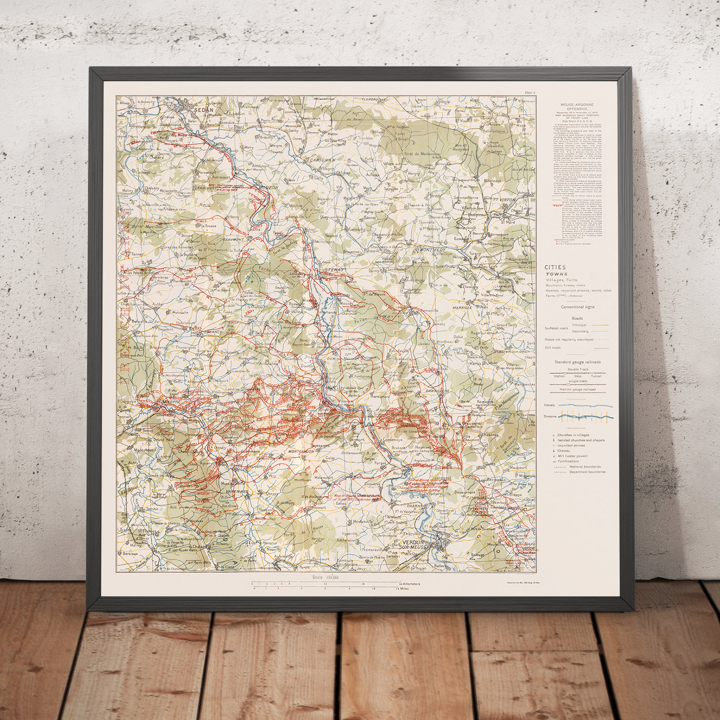 Ancienne carte militaire de l'offensive Meuse-Argonne de la Première Guerre mondiale par Pershing, 1918 : Verdun, Montfaucon, Sedan, Romagne, Cunel 