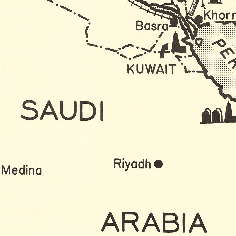 Antigua Mapa de la Industria Petrolera del Medio Oriente por Padelford, 1950: Campos Petroleros, Oleoductos, Ferrocarriles, Arabia Saudita, Irán, EAU 