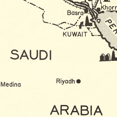 Antigua Mapa de la Industria Petrolera del Medio Oriente por Padelford, 1950: Campos Petroleros, Oleoductos, Ferrocarriles, Arabia Saudita, Irán, EAU 