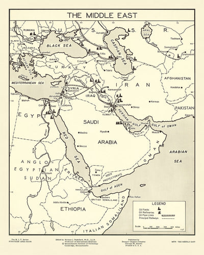 Antigua Mapa de la Industria Petrolera del Medio Oriente por Padelford, 1950: Campos Petroleros, Oleoductos, Ferrocarriles, Arabia Saudita, Irán, EAU 